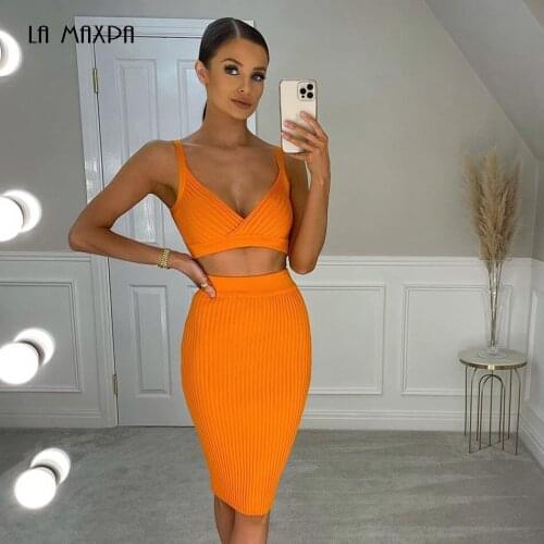 2021 New Summer Womens Set Sexy Sleeveless Spaghetti V-neck Crop Top Bodycon Skirt Fashion Party Bandage 2-Piece Set