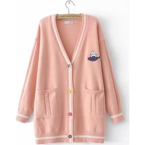 Plus size cardigans for women 2021 autumn V-Neck pocket embroidery Womens oversize sweater pink Navy Women clothing