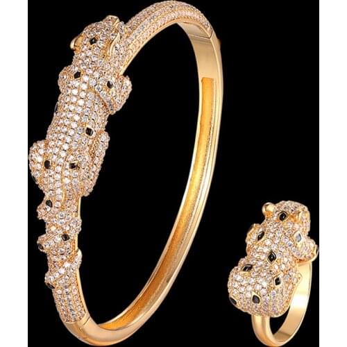 Zlxgirl jewlery perfect AAA micro pave leopard shape animal bangle with ring bijoux sets women size bracelet anel free box bags