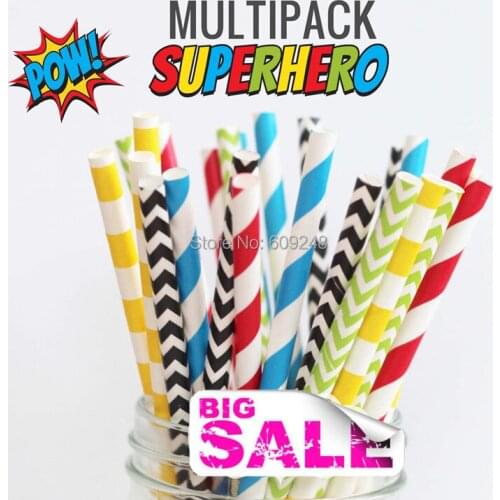 125pcs Mixed Colors SUPERHERO Children Kids Paper Drinking Straws, Blue and Red Striped,Yellow Sailor Stripe,Black Lime Chevron