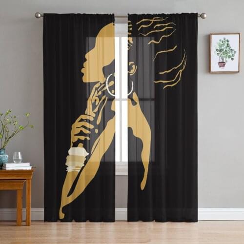 African Women Silhouette Black Sheer Curtains for Living Room Bedroom Kitchen Tulle for Windows Voile Yarn Curtains for Bedroom