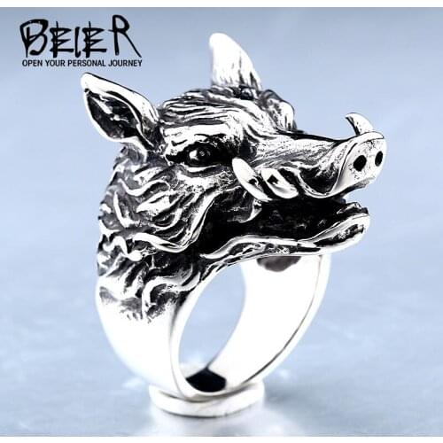 BEIER Punk good detail 316L Stainless Steel Rhino Ring Fashion Hop Mens 3D Jewelry for man free shipping BR8-333