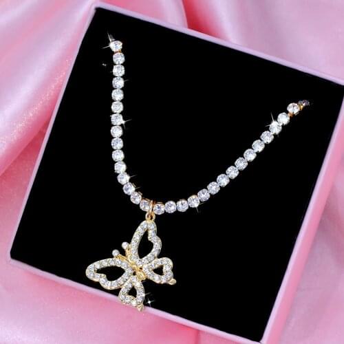 JUST FEEL Trendy New Butterfly Rhinestone Pendant Necklace for Women Gold Silver Color CZ Chain Necklace Wedding Jewelry Gift