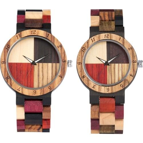 Mix-colored Wood Watch for Couples Quartz Wooden Bangle Timepiece Folding Clasp Lover Natural Wood Watches