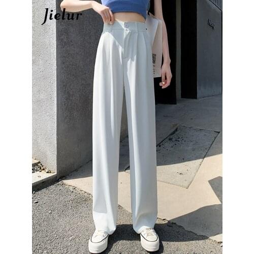 Jielur 2021 Summer Women't Pants Casual White Black Wide Leg Pants High Waist Suit Pants Office Ladies Workwear Loose Trousers