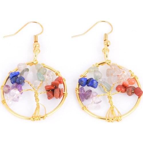 Fashion Tree of Life Women Drop Earrings Round Natural Chip Gem Stone Opal Tiger Eye White Crystal Dangle Hook Earring Jewelry