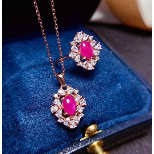 Natural Ruby Set Luxury Classic Ladies Ring Pend5 Sterling Silver Plated 18K Gold Engagementant S92