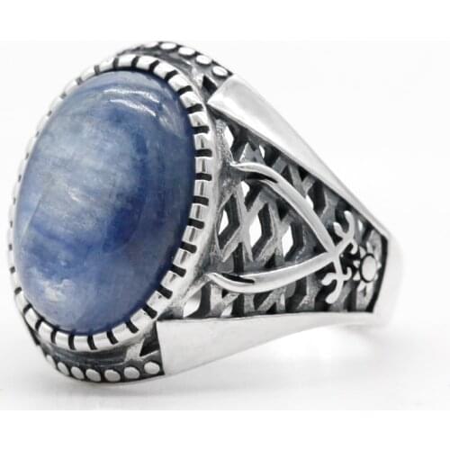 Natural Blue Kyanite Mens Ring 925 Sterling Silver Muslim Male Rings with Two Swords Symbol Islamic Religious Belief Jewelry