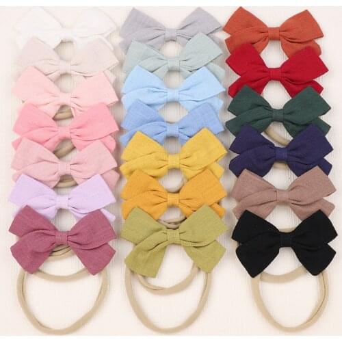 40pc/lot New Girls 3.5” Solid Hair Bow Headband,Hair Bow Nylon Headbands ,Kids Cotton Bows Elastic Headbands Hair Accessories