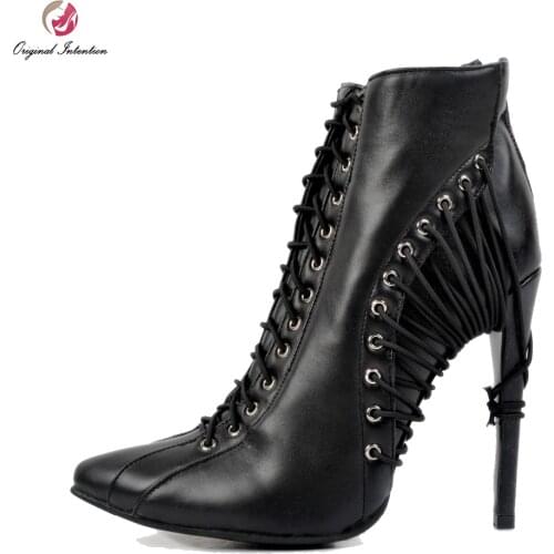 Original Intention Elegant Women Ankle Boots Pointed Toe Thin Heels High-quality Soft Leather Black Shoes Woman Plus Size 4-15