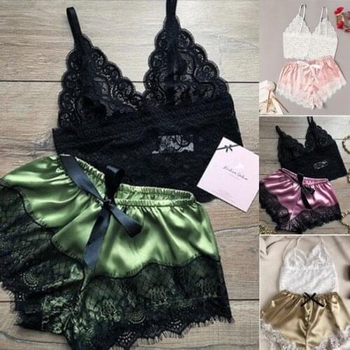 Womens Sleepwear Sexy Women Pyjama Set Lace V-Neck Sleeveless Cami Top and Shorts Fashion Patchwork Pajama Nightwear Lingerie