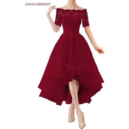 Sexy Boat Neck High-Low Prom Dresses Vestido De Festa Half Sleeves Applique Tulle Ruffles Formal Celebrity Party Gowns