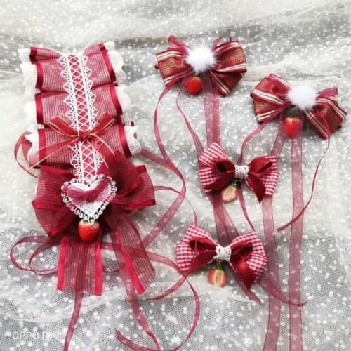 Japanese Cute Strawberry Hair Clip Lolita Headdress Soft Sister Hair band Lolita Side Clip Lace Bowknot Hair Accessories Cosplay