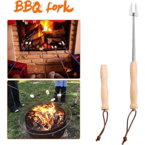 BBQ Forks Camping With Bags Stainless Steel Wooden Handle Telescoping Barbecue Roasting Fork Sticks Skewers