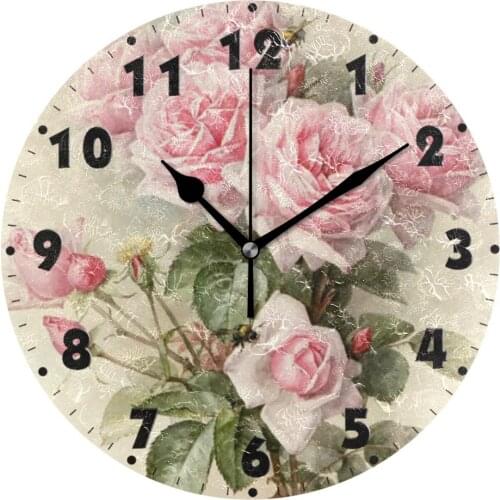 Vintage Shabby Floral Printed Silent Wall Clock Round 25cm Kitchen Clock Chic Pink Rose Flower Quiet Desk Clock for Living Room