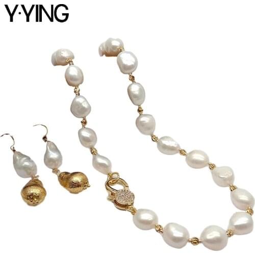 Y.YING naturalFreshwater Cultured White Baroque Pearl Necklace Keshi Pearl Earrings Set luxury style for women