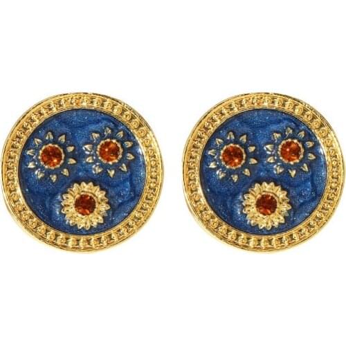 Vintage Gold Geometric Round Flower Earring Sunflower Oil Painting Enamel Aesthetic Stud Earrings For Women Girl Bijoux Gifts