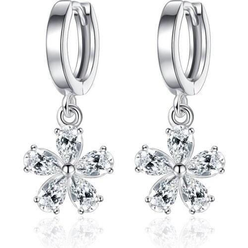 Hot Sale Promotion Fashion Shiny Crystal Flower Design 925 Sterling Silver Drop Earrings for Women Jewelry Gift Drop Shipping
