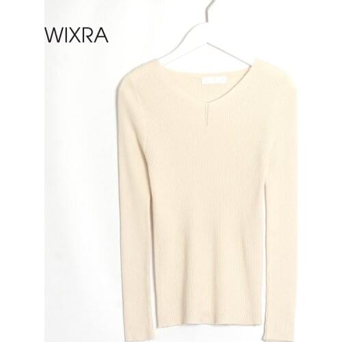 Wixra Womens High Stretch Sweaters Basic V-Neck Solid Ladies Thin Pullovers Female Knitted Full Sleeve Pulls Jumpers Autumn Hot