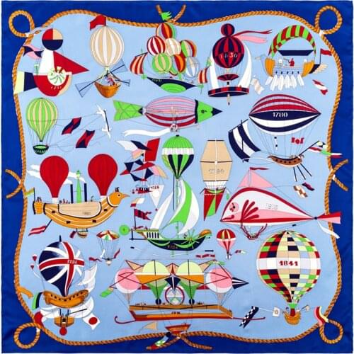 POBING Manual Hand Rolled Twill Silk Scarf Women Fly Boat Print Square Scarves Echarpes Foulards Femme Wrap Bandana Hijab 90CM