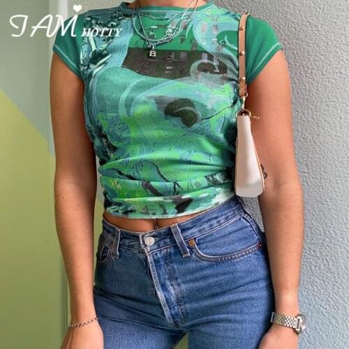 Aesthetic Printed Y2K Cropped Top Tee Women Vintage O Neck Short Sleeve Casual Basic T Shirt Hip Hop Streetwear Clothes Iamhotty