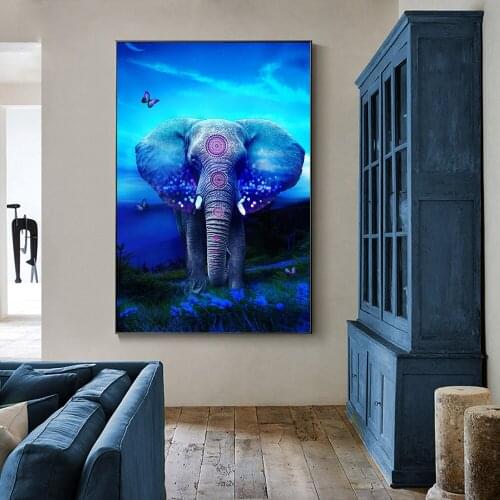Abstract Blue Elephant On The Green Grass Painting Nordic Cartoon Canvas Posters and Prints Wall Art For Living Room Home Decor