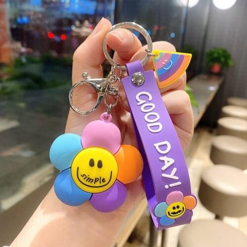 Cartoon Color Sunflower Keychain Creative Lovely Soft Rubber Keyring Backpack Handbag Car Key Pendant Accessories Decoration New