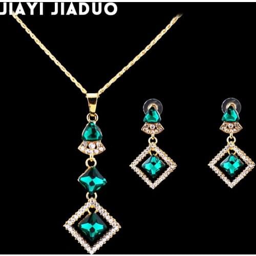 Jiayi jiaduo african beads jewelry set for women Green glass necklace earrings gold-color Casket for decorations