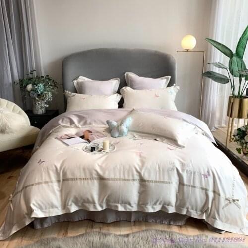 4pcs Bedding Set Simple pure cotton 80TC long-staple cotton Duvet Cover embroidery butterfly quilt cover girl heart 1.8mBedsheet