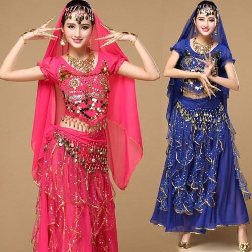 Women Sequined Coin Belly Dance Costume Adult Bollywood Indian Egyptian Belly Dress Short-Sleeves And Skirt Belly Dance Suit