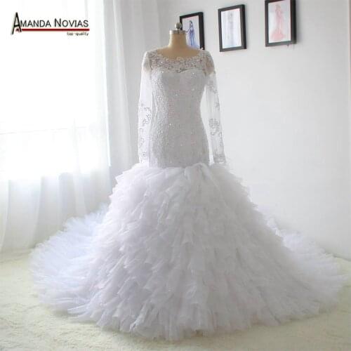 Long Sleeve Top Lace Ruffle Organza Skirt Mermaid Wedding Dress NS1284