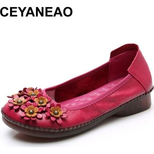 CEYANEAO2020 Women Ladies Women Flats Mother Shoes Cow Genuine Leather Colorful Moccasins Non Slip On Designer