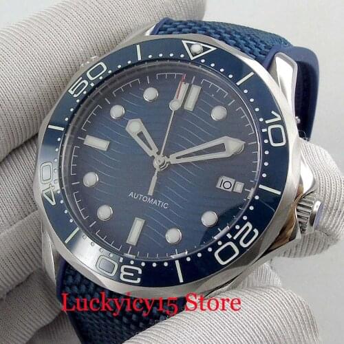 BLIGER 41mm Mens Watch Sapphire Crystal Date Indicator Rubber Strap Automatic Movement Silver Color Case