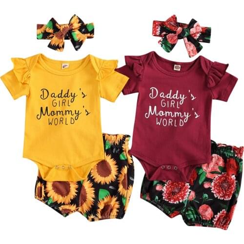 Infant Newborn Girls 3 Pcs Outfits Suits, Short Sleeve Letter Printed Romper Tops + Sunflower Shorts + Headband Sets