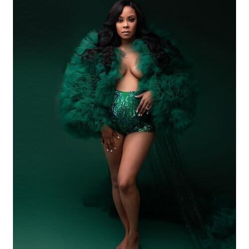 New In Green Maternity Robes Extra Puffy Long Sleeves Glitter Ruffles Photo Shoot For Pregnancy Gowns Plus Size