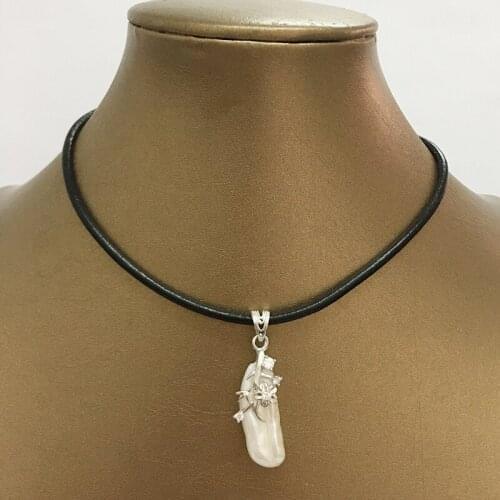Pearl pendant necklace made of 100% nature freshwater,REAL LEATHER cord-BIWA baroque pearl around 10x30 mm pendant,925 SILVER