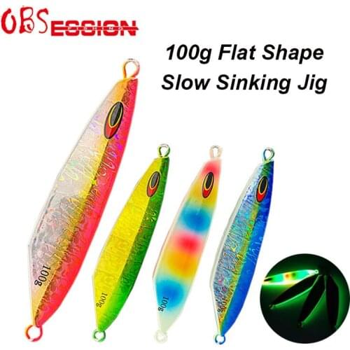 OBSESSION 100g Flat Micro Slow Sinking Jigs Japan Laser Luminous Hard Metal Lead Fishing Lure Zebra Tuna Rock Beach Spoon Lure