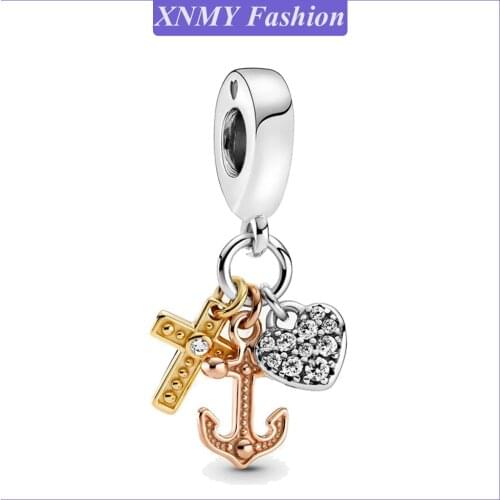 XNMY New Original Silver Color Beads Triple-tone Cross Heart & Anchor Dangle Charm Fit European Pandora Bracelet Women Jewelry