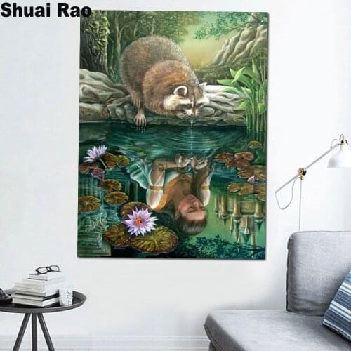 Full drill square round diamond painting mosaic Raccoon Reflection girl pattern cartoon diamond embroidery cross stitch set