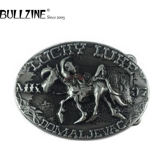 Bullzine Lucky luke horse western cowboy belt buckle with pewter finish FP-03370 for 4cm width snap on belt drop shipping