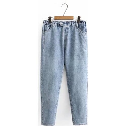 Plus Size Womens Casual Denim Pants Solid Simple Elastic Waist All Match Blue Jeans
