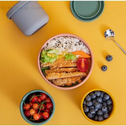 Silicone Bento Box with Lid Bento Lunch Box Fruit Salad Fresh Bowl Modern Simple Sealed Round Storage Box