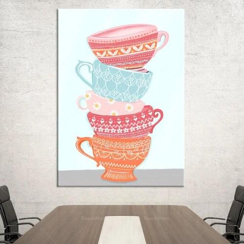 Stacked cup printing, mug art printing, tea cup printing, color kitchen canvas printing, wall art gallery, modern bohemian paint