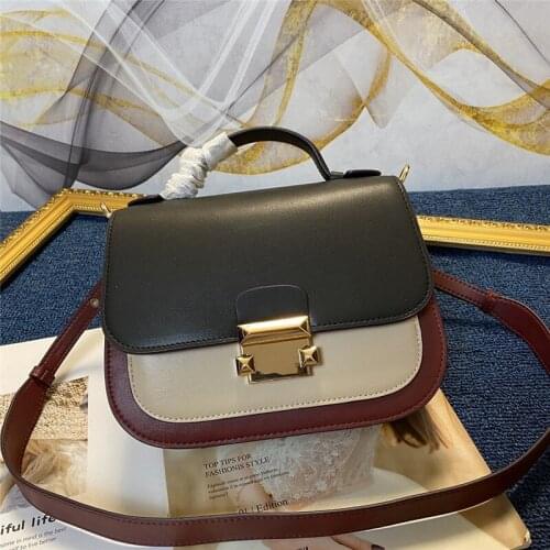 Genuine Leather High Quality Shoulder Bag Small Square Bag Wide Shoulder Strap Contrast Color Crossbody Cowhide Twist Lock Bag