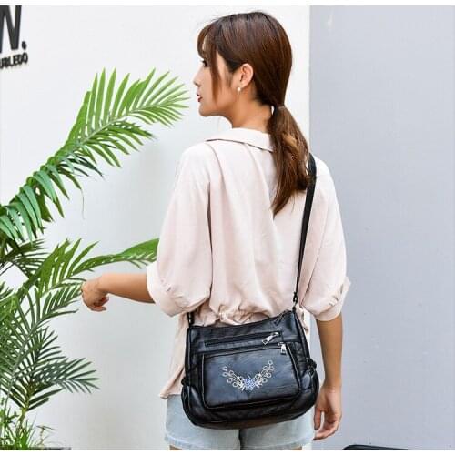 Women PU Leather Crossbody Purse, Retro Style Shoulder Bag Lightweight Travel Satchel with Beautiful Embroidery Pattern