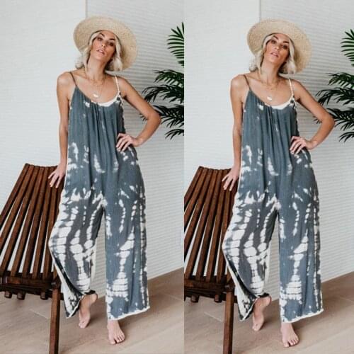 Leosoxs 2021 Summer New Womens Fashion V Neck Loose Spaghetti Straps Print Jumpsuit Sexy Backless Sleeveless Lady Wide Leg Pant