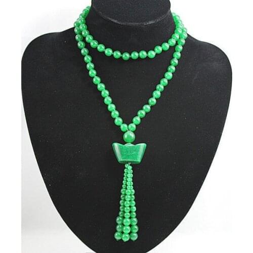 Ladys finest accessory! Beautiful green jades bead long necklace+ ingot shape Pendant