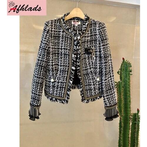 Runway Autumn Fashion Luxury Ladies Tweed Small Fragrance Tassel Beading Patchwork Round Neck Fashion Short Jacket Female