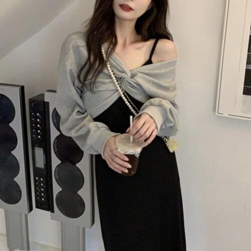 2021 Autumn Vintage Casual Suit Korean Fashion Pure Color Strap Dress + Design Loose Hoodie 2 Piece Set Women Y2k Elegant Dress