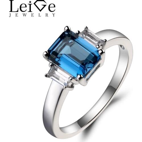 Leige Jewelry Promise Ring London Blue Topaz Ring Emerald Cut Blue Gemstone 925 Sterling Silver Ring November Birthstone Ring
